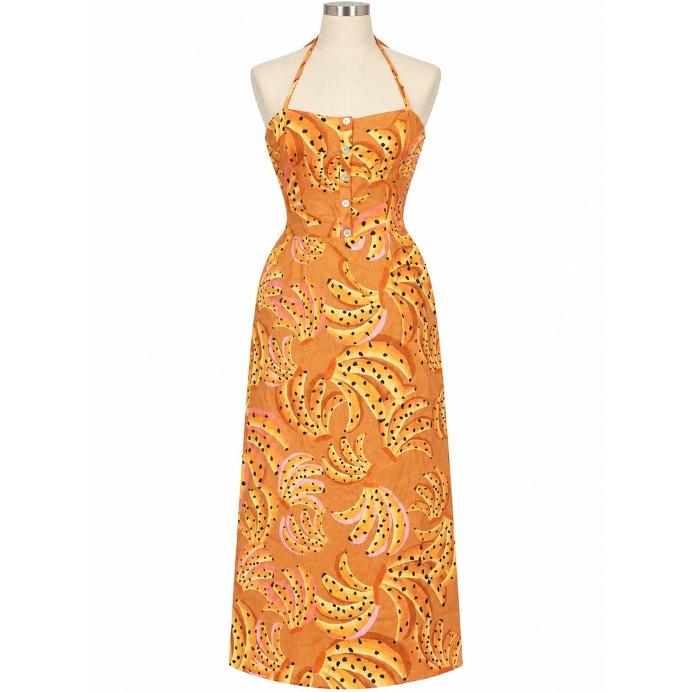 FARM Rio Caramel Raining Bananas Midi Dress Orange Halter XL NWT